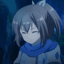 a girl with a ponytail is wearing a blue scarf