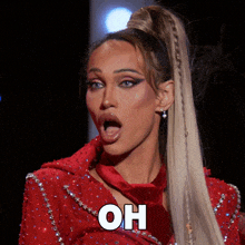 a woman in a red dress with her mouth open and the word oh on her face