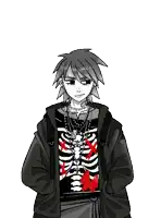 a black and white drawing of a person with a skeleton shirt