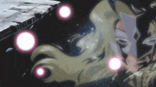 a woman in a mask is surrounded by glowing pink circles