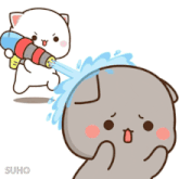 a cartoon of a cat spraying water on another cat 's head