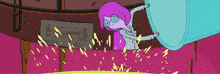 a cartoon character with purple hair and glasses is standing in a room .