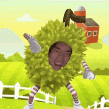 a man in a durian costume is standing in a field