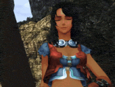 a woman in a video game with her eyes closed and a necklace on her neck