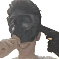a man wearing a mask is smiling and holding a gun