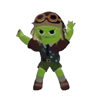 a green cartoon character wearing a helmet and goggles is dancing