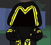 a cartoon character wearing a black and yellow hoodie with a yellow m on it