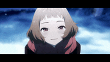 a girl with short brown hair and red eyes is wearing a scarf