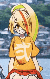 a girl with long blonde hair is wearing a yellow t-shirt with the number 02 on it