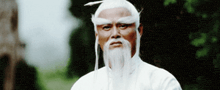 a man with a white beard and white hair is standing in front of a tree .