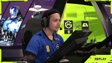 a man wearing headphones is sitting in front of a computer screen with replay written on it