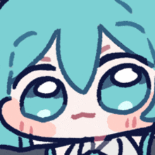 a close up of a cartoon character 's face with blue hair