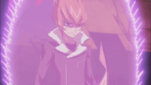 a man in a black jacket is surrounded by purple lightning