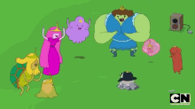 a group of cartoon characters on a green background with the cn logo on the bottom