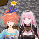 two anime girls are standing next to each other in a room .