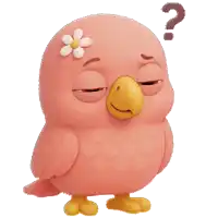 a pink bird with a flower on its head has a question mark on its head