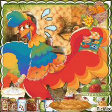 a picture of a colorful chicken with a pie in the foreground and the words picmix on the bottom
