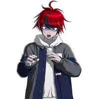 a boy with red hair and blue eyes is wearing a hoodie and a blue jacket