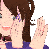 a cartoon girl with long purple nails covering her face with her hands