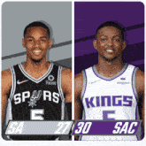 two basketball players from the spurs and kings are standing next to each other