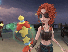 a cartoon character with red hair and an eye patch on her right eye