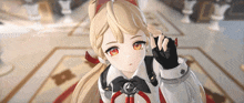 a blonde anime girl with red eyes and a bow on her head
