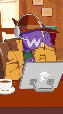 a cartoon character wearing headphones and a hat with a w on his face