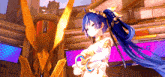 a cartoon character with blue hair and gold jewelry