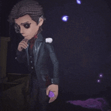 a cartoon character in a suit and tie is pointing at something purple .