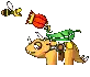 a cartoon of a bee flying over a dinosaur with a flower on its back .