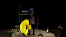 a bunch of cartoon characters are standing in a dark room and one of them says hey come back