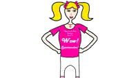 a girl is wearing a pink shirt that says wow and spectacular