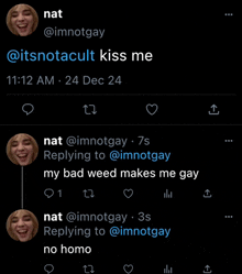 a screenshot of a twitter conversation between nat and itsnotacult