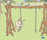 a cartoon rabbit is hanging upside down on a swing set