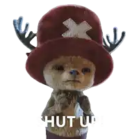 a stuffed animal with antlers wearing a red hat that says " shut up "