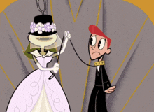 a cartoon character is kneeling in front of a bride