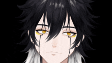 a close up of a person 's face with yellow eyes and black hair
