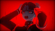 a cartoon character with red eyes is holding his head in pain