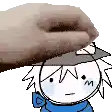 a hand is holding a cartoon character 's head with a hat on .