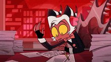 a cartoon character is sitting at a desk with a stack of papers