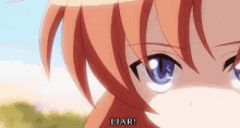 a close up of a girl 's face with the words liar written on the bottom