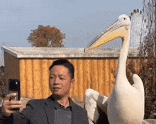 a man taking a selfie with a pelican statue