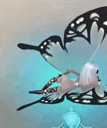 a girl with white hair and black wings is flying in the air