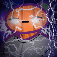 a cartoon drawing of a pumpkin with lightning bolts coming out of it 's eyes