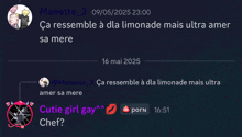 a screenshot of a conversation between manette and cutie girl gay