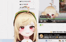 a girl with blonde hair and red eyes is standing in front of a computer screen