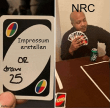 a person is holding a uno card next to a man playing uno