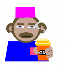 a cartoon monkey with a pink hat is holding a cup that says gm