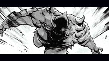 a black and white illustration of a monster with horns