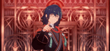 a man with blue hair and glasses is standing in front of a wall and pointing at the camera .